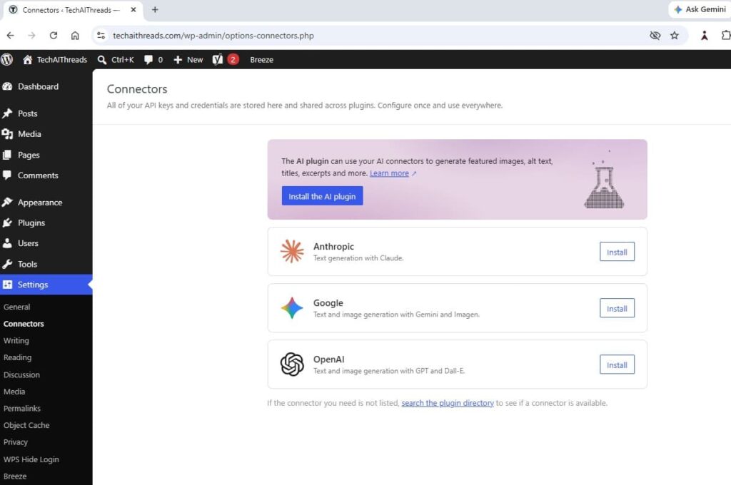 The new Connectors UI dashboard in WordPress 7.0 settings for managing AI